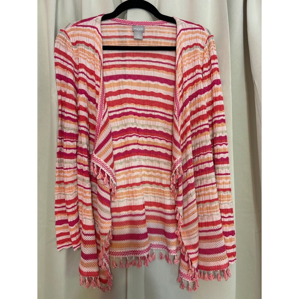 Chico's Striped Open Front Cardigan Pink Orange Tassel Fringe Size 0 Small